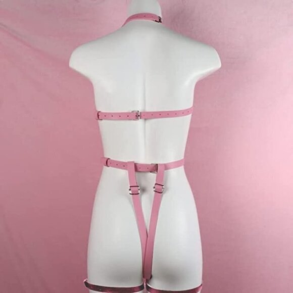 𝅺pink Full Body Leather Adjustable Strap Sexy Chain Bondage Cosplay Costume NWT - Picture 6 of 6